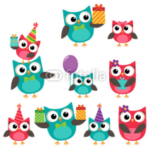 Naklejki Birthday party elements with owls