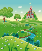 Naklejki Panorama with castle. Cartoon and vector illustration.