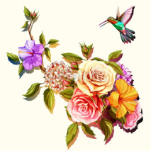 Flowers. Bouquet of roses and peony with humming bird. Vintage picture, can be used as invitation, greeting card, print on clothes, etc. Hand drawn flowers. Vector - stock.