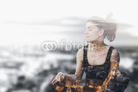 Double exposure concept of woman practicing Yoga