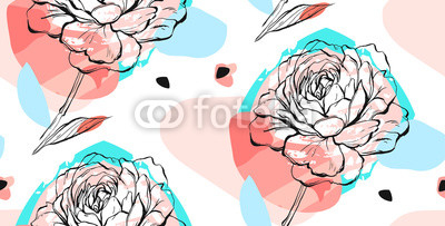 Hand drawn vector abstract creative unusual seamless pattern with graphic peony flower in pastel colors.Hand made drawing textures.Wedding,anniversary,birthday,invitations,fashion fabrics,decoration