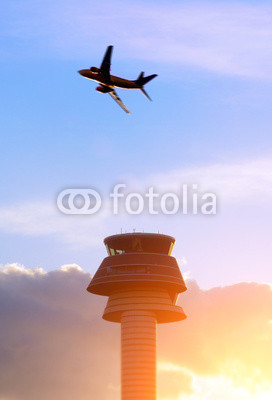Airport control tower, passenger airplane