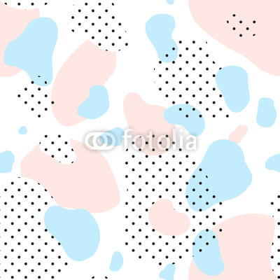 Abstract seamless chaotic pattern. Military and memphis style. Modern wallpaper in trendy pastel colors. Pink, blue and black. Background texture with spots and dots. Repeat endless design. Vector