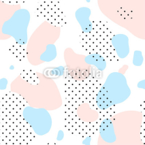 Fototapety Abstract seamless chaotic pattern. Military and memphis style. Modern wallpaper in trendy pastel colors. Pink, blue and black. Background texture with spots and dots. Repeat endless design. Vector