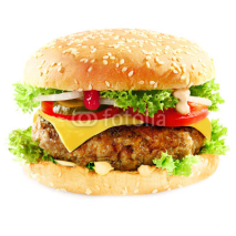 Fototapety Tasty hamburger containing meat and pickles