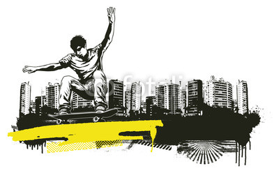 acrobatic skate jump with stencil city background