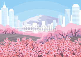 Naklejki Beautiful spring city landscape with the blossoming Oriental cherry and skyscrapers. Vector background.