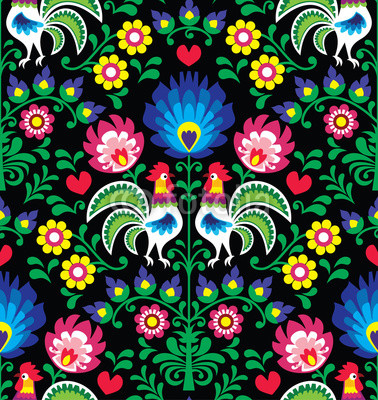 Seamless Polish folk art pattern with roosters - Wzory Lowickie, Wycinanka