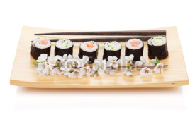 Naklejki Sushi maki set with salmon and cucumber and sakura branch