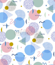Fototapety Retro Memphis  80s or 90s style fashion abstract background seamless pattern. Golden triangles, circles, lines. Good for design textile fabric, wrapping paper and wallpaper on the site. 