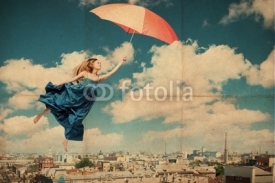 Naklejki art collage with beautiful young woman with umbrella
