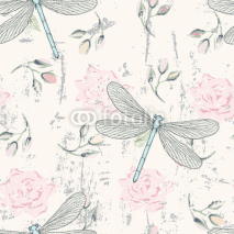 grungy floral seamless pattern with dragonflies