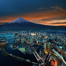 Naklejki Surreal view of Yokohama city and Mt. Fuji