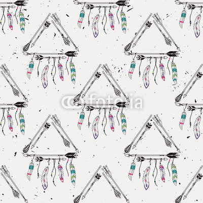 Vector abstract grunge seamless pattern with tribal frames with ethnic arrows and feathers. American indian motifs. Boho style.
