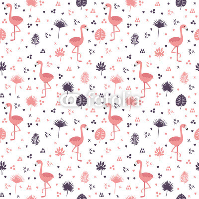 Seamless pattern with flamingos and leaves. Cute background with