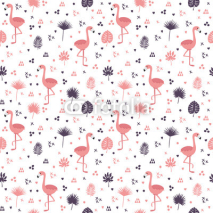 Naklejki Seamless pattern with flamingos and leaves. Cute background with