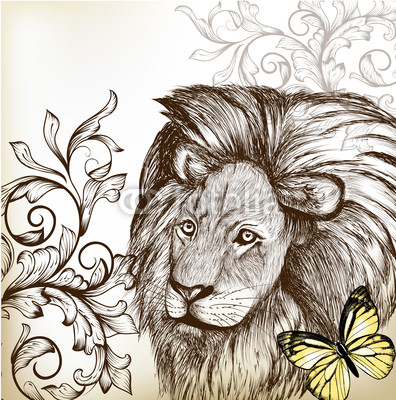 Vintage background with hand drawn lion