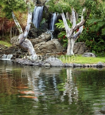 Waterfall and koi pond in japanese garden