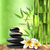 Naklejki Bamboo, frangipani flowers and stones - spa background