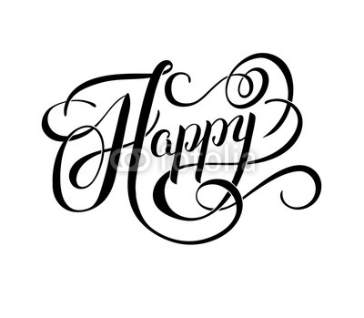 black and white Happy hand written word, brush calligraphy