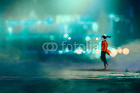 Obrazy i plakaty man walking at night in the city,gorgeous cold bokeh background,illustration