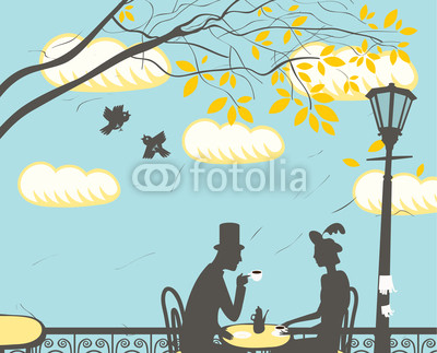 loving couple in a city cafe in the clouds