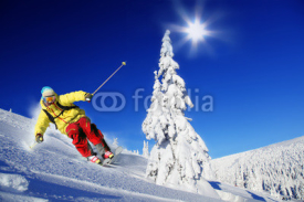 Naklejki Skier skiing downhill in mountains