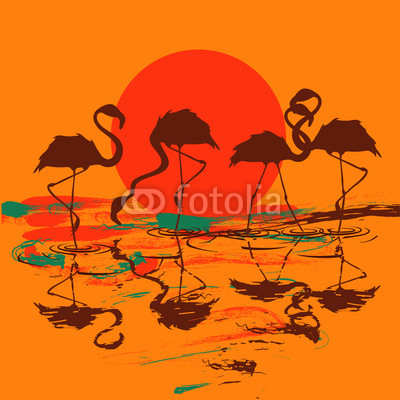 Illustration with flock of flamingos at sunset or sunrise