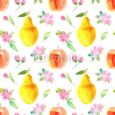 Seamless pattern with apple,pear and flower.Food picture.Watercolor hand drawn illustration.White background.