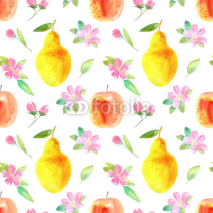 Seamless pattern with apple,pear and flower.Food picture.Watercolor hand drawn illustration.White background.