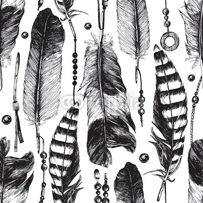 Seamless pattern with hand drawn feathers