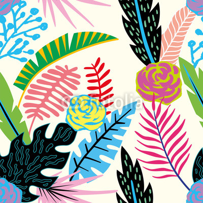 Cartoon tropical flowers and leaves seamless beige background