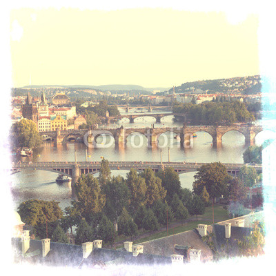 Prague, view of the Vltava River and bridges in a morning fog