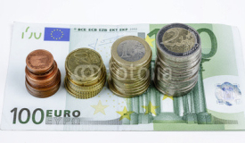 Close-up of Euro banknotes and coins