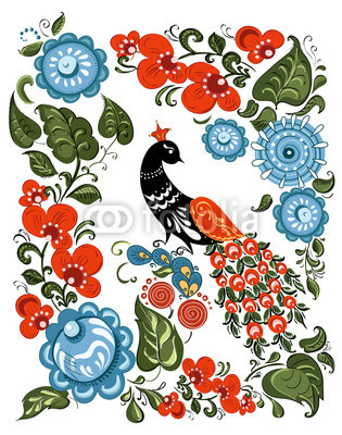 flowers and bird in Russian traditional gorodetsky style