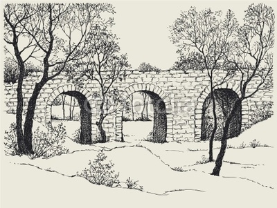 Landscape sketch of an old stone bridge in the forest