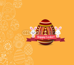 Easter egg invitation card with label with yellow background pattern of ornamental eggs
