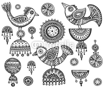 Set of hand drawn fancy birds in ethnic ornate doodle style