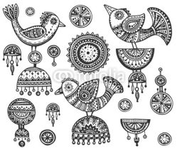 Fototapety Set of hand drawn fancy birds in ethnic ornate doodle style