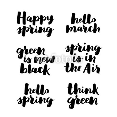 Hello spring lettering typography set. Calligraphy postcard or poster graphic design element. Hand written style card. Simple vector brush sign. seasonal quote collection. Black on white.