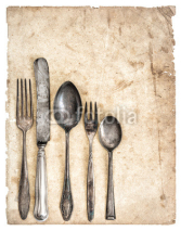Naklejki Antique cutlery and old cook book page