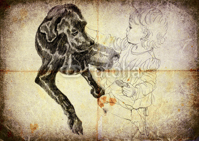 vintage processing, hand drawing - little girl and black dog