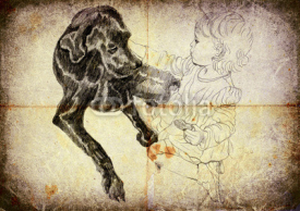 Naklejki vintage processing, hand drawing - little girl and black dog