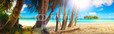 Panoramic view of a tropical beach at dawn. Praslin island, Seychelles, Indian Ocean. Web banner.