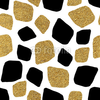 Abstract geometric seamless pattern of gold and black spots, background of black and shiny golden mosaic, hand painted vector for textile, wallpaper, web, wrapping, save the date, wedding, card, paper
