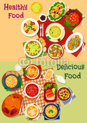 Russian cuisine soup and fresh salad icon set