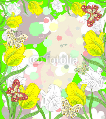 Lovely white and yellow tulips blooming with butterflies on abst