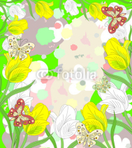 Obrazy i plakaty Lovely white and yellow tulips blooming with butterflies on abst