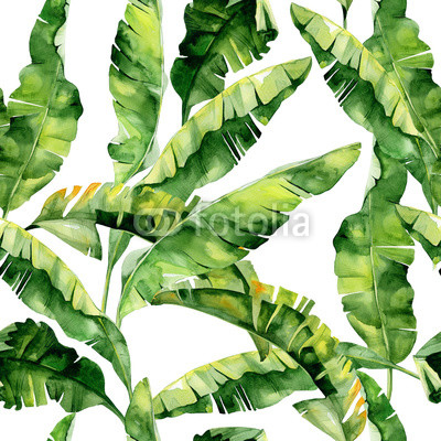 Seamless watercolor illustration of tropical leaves, dense jungle. Pattern with tropic summertime motif may be used as background texture, wrapping paper, textile,wallpaper design. Banana palm leaves