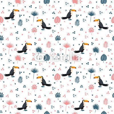 Seamless pattern with toucan and leaves. Cute background with de